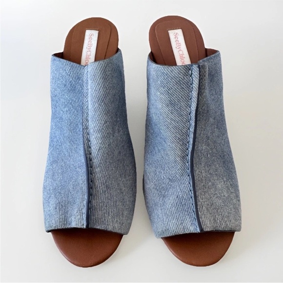 SEE BY CHLOE Clog Blue Denim Platform Slip On Mule Heel Sandals Size 39.5 - Picture 3 of 10